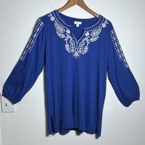 J.Jill Blue Embroidered Tunic Top Womens M Cotton Modal